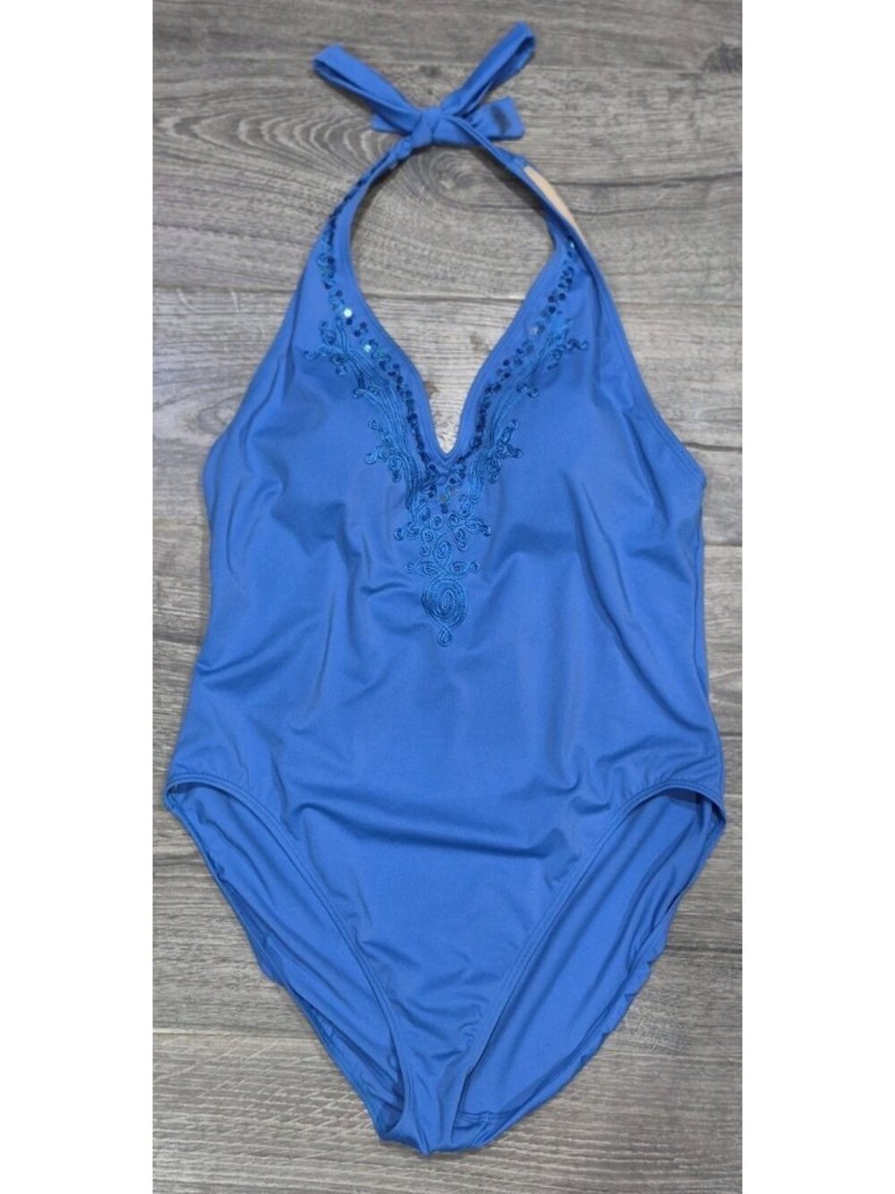 Newport News Swim Blue  Sequined Halter One Piece Bathingsuit Women's Size 18